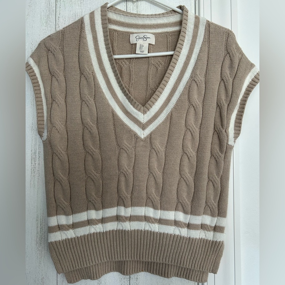 GAP Taupe Cable-Knit V-Neck Sweater Vest with White Stripes
